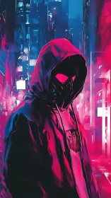 Neon‑masked vigilante in saturated cyberpunk alleyway glow.