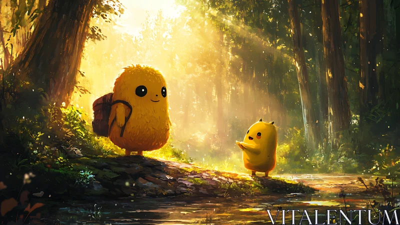 Golden forest creatures exchange greeting in dappled backlight