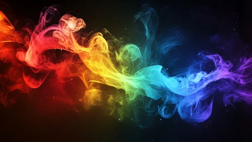 Flowing rainbow smoke drifting through a dreamy dark sky.