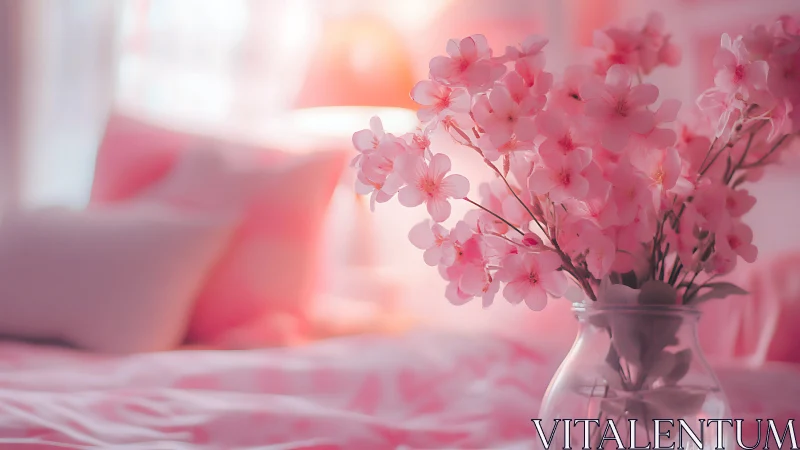 Glass vase holds pink blossoms on bed in soft focus room