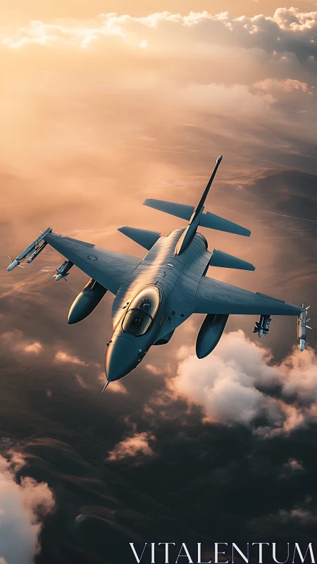 Single-engine fighter jet banks above clouds in warm sunset haze