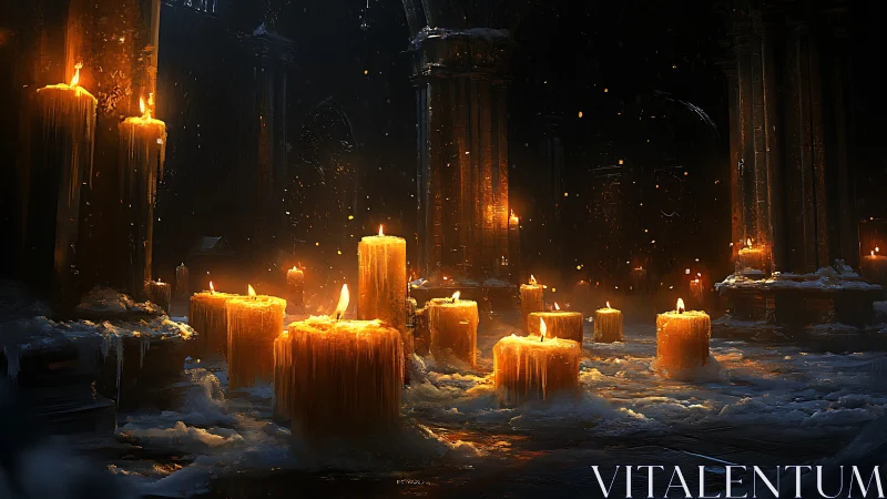 Digital painting of molten candles in a dark ruined nave.