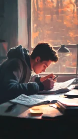 Side-lit student drafts detailed notes under warm backlight glow