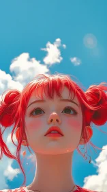 Skyward gaze paints a red haired daydream in sunlight