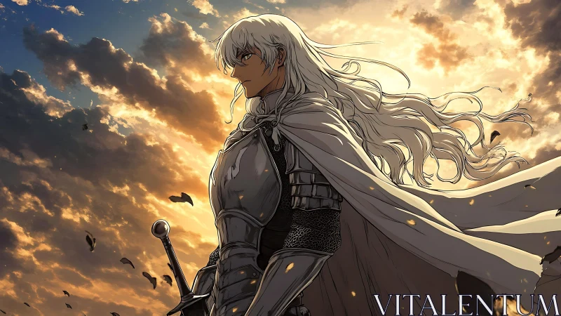 Armored swordsman in profile under high-contrast sunset sky