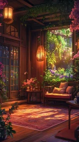 Sunlit garden nook with cozy cushions and blooming vines.
