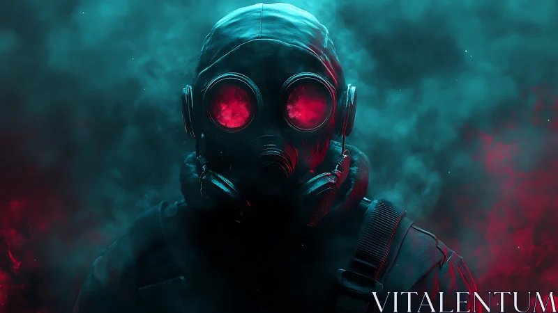 Mysterious gas mask wanderer in neon red and teal haze.