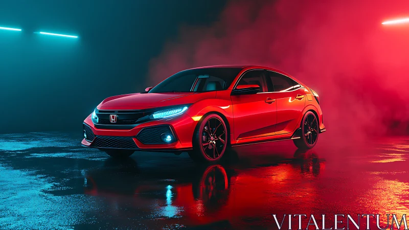 Red compact hatchback under neon rim lighting in wet studio