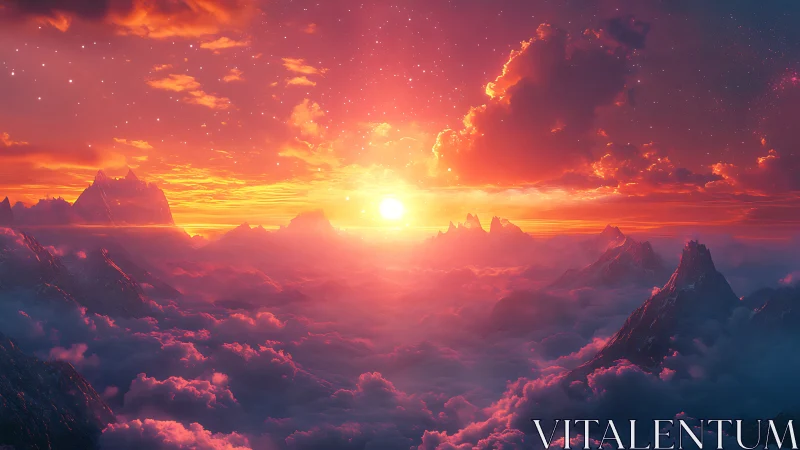 Digital mountain range under vivid red clouded sunset sky.