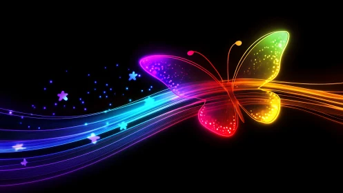 Luminescent neon butterfly arcs across chromatic light streams