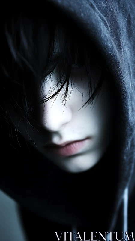 High-contrast close-up portrait of hooded youth in shadow