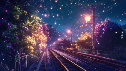 Starlit railway glows through a dreamy, firefly-filled night