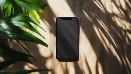 Black Smartphone on Natural Wooden Surface with Foliage Shadows.
