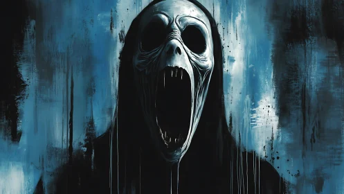 Hooded skeletal figure with open mouth on blue abstract field.