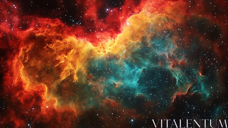 Nebulaic firestorm in vivid red, gold and cyan gases.