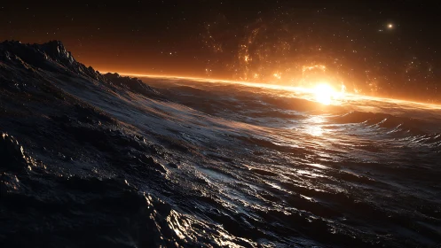 Solar tide rising over alien oceanic horizon at dawn.