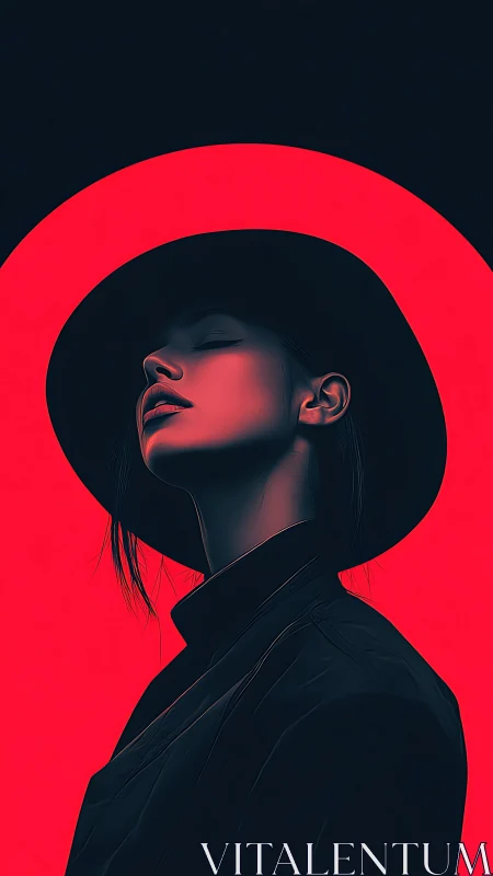 Profile portrait of woman in hat against red halo background.