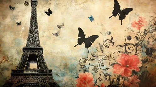 Grunge-textured Eiffel Tower with silhouetted butterflies and florals