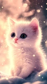 Luminous White Kitten with Crystalline Eyes in Soft-Focus Bokeh Environment