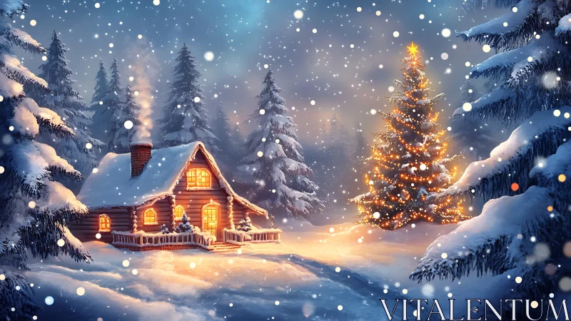 Snowy forest cabin glows beside a sparkling Christmas tree