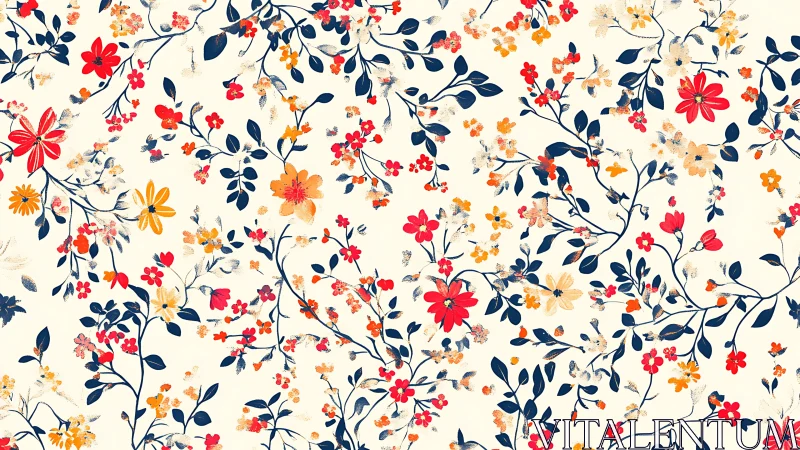 Botanical Floral Pattern with Red and Gold Blooms.