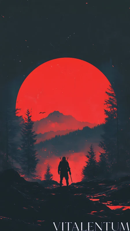 Silhouetted ranger before oversized crimson solar disc.