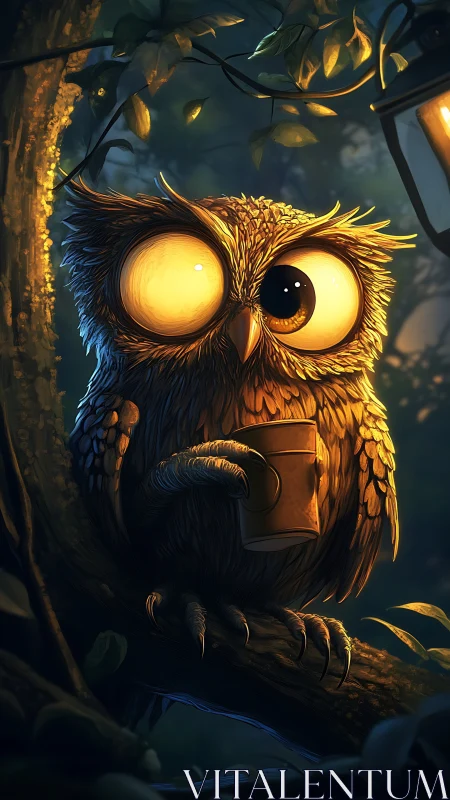 Sleepy night owl clutching a cozy cup of woodland coffee.