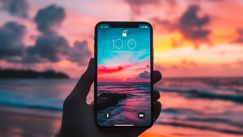 Sunset Landscape Reflected on Smartphone Lock Screen Display.