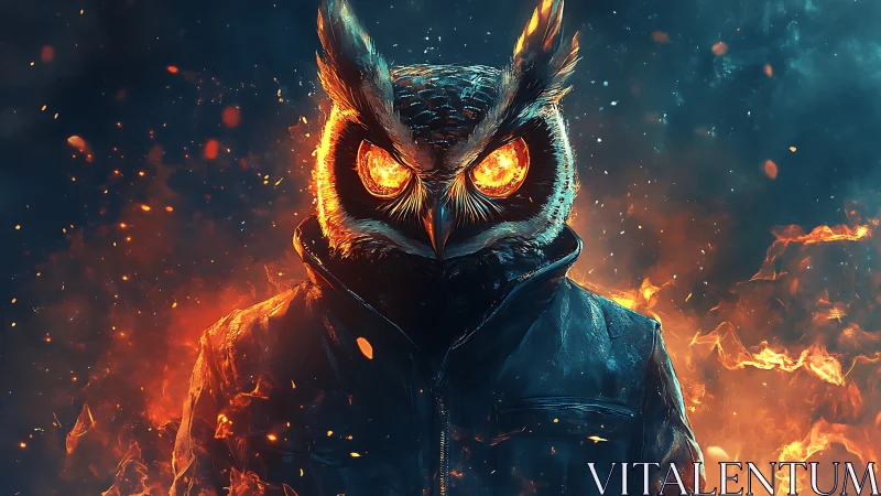 Midnight fire-owl strides from embers in molten armor