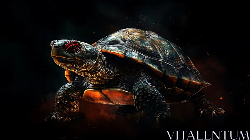 Fiery armored turtle strides through smoky darkness.