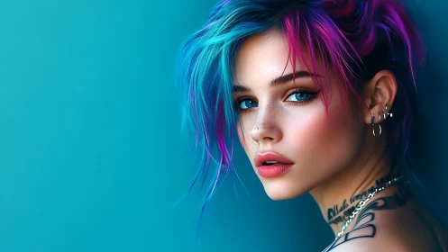 Neon-haired portrait with blue eyes and tattooed neckline.