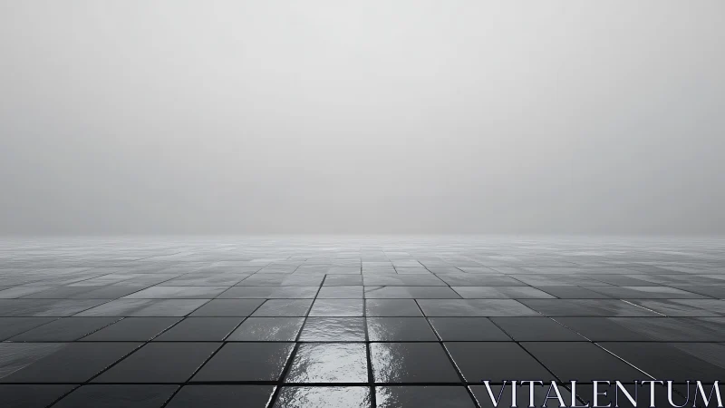 Empty wet tiled floor fading into white foggy horizon.