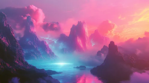 Spectral neon archipelago under volumetric chromatic sunrise.