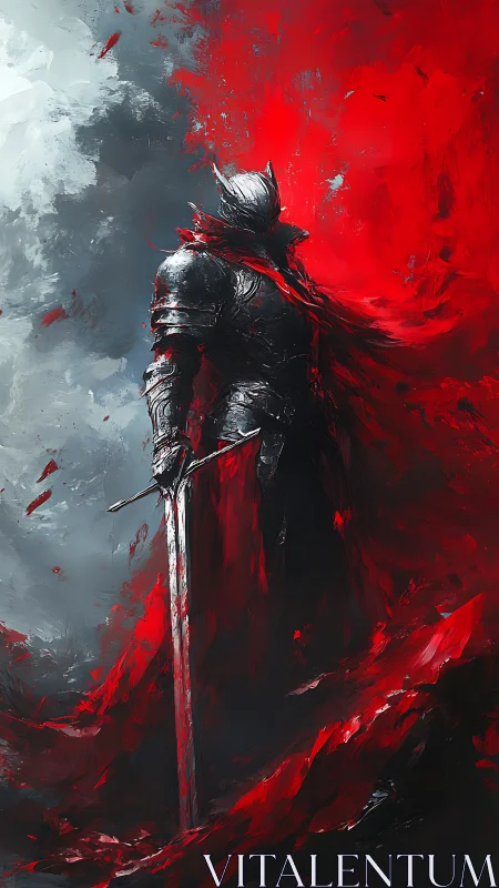 Dark armored knight stands amid swirling red and ash