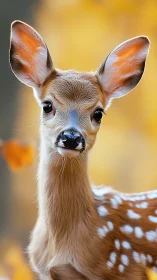 Photorealistic portrait of a young fawn against autumn bokeh.