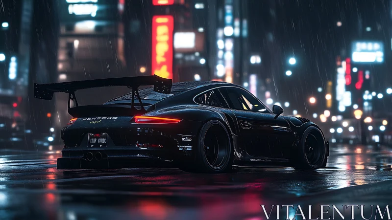 Black track car cuts neon rain on glossy city streets.