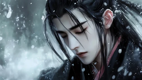 Melancholic anime swordsman in snowfall with closed eyes.