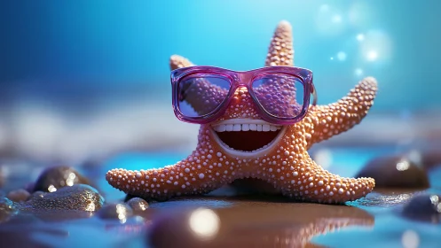 Smiling starfish in sunglasses enjoying a bright beach day.