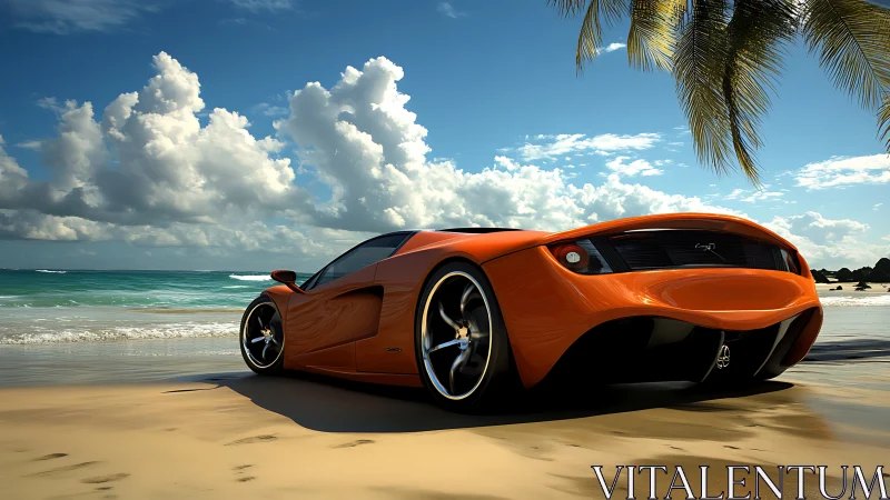 Orange sports car parked on tropical beach shoreline.