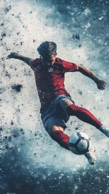 Soccer player mid-air kick against textured cloudy backdrop.
