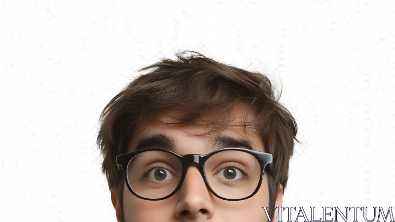 Curious young man with black glasses on white background.