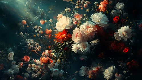 Floral composition with layered blooms arranged against deep teal backdrop