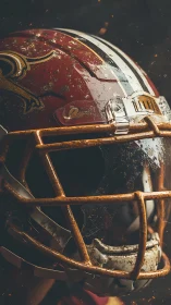 Worn red football helmet captures gritty game intensity