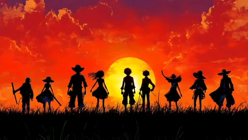 Silhouetted anime crew walking toward blazing sunset horizon.