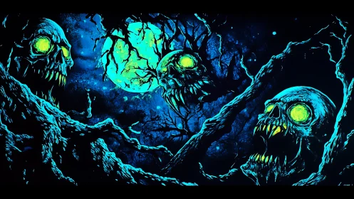 Neon undead skulls haunting twisted forest under full moon.