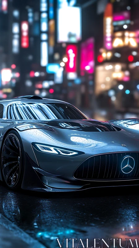Futuristic silver supercar glides through neon-lit wet city street