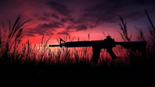 Crimson twilight crowns a lone rifle in whispering grass