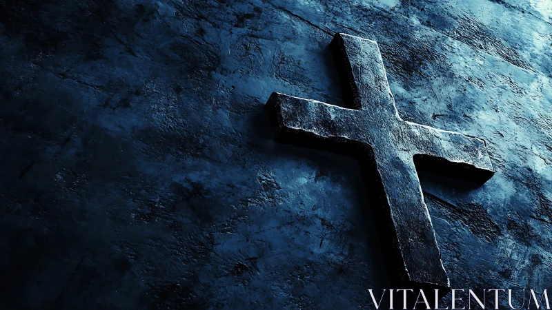 Weathered stone cross glowing over storm blue concrete.