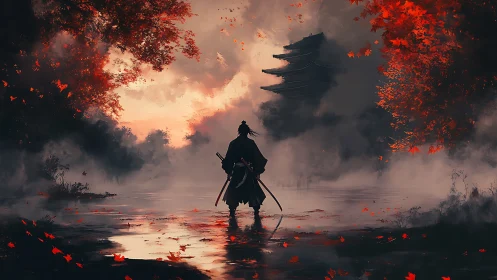 Lone samurai wades through crimson fog toward fading pagoda
