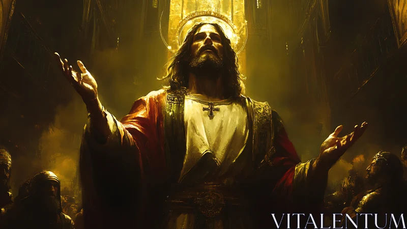 Digital painting of radiant robed figure in cathedral light.